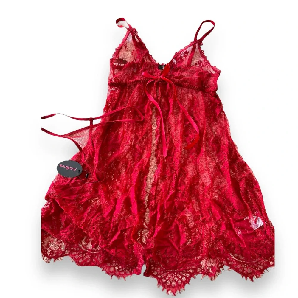 AvidLove Lace Sheer Open Front Babydoll Sexy Negligee Lingerie | Red, Small - Picture 3 of 9